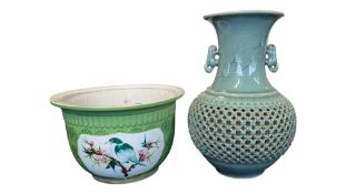 EARLY 20TH CENTURY CHINESE PORCELAIN PLANTER W/ KOREAN CELADON VASE