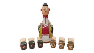 20TH CENTURY FOLK ART LEATHER CASED BOTTLE FLASK W/ SIX SHOT GLASSES