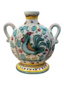 VINTAGE 20TH CENTURY ITALIAN MAJOLICA ROOSTER / COCKEREL TWIN HANDLED BUD VASE