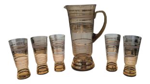 MID CENTURY SMOKY BROWN GLASS PITCHER & FIVE HIGHBALL GLASSES