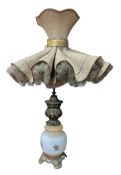 EARLY 20TH CENTURY BRASS & MILK GLASS TABLE LAMP WITH FEATHERED SHADE