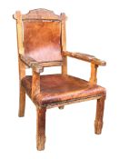 VICTORIAN 19TH CENTURY ARTS & CRAFTS OAK & LEATHER ARMCHAIR