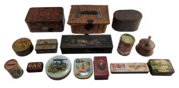 THIRTEEN ASSORTED ADVERTISING TINS AND WICKER EGG BASKET