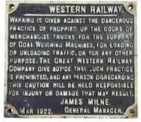 GWR - ORIGINAL 1922 CAST IRON RAILWAY WARNING SIGN