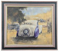 PETER MILLER (BRITISH, 1939-2014) - OIL ON CANVAS PAINTING OF A BENTLEY
