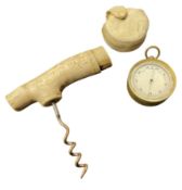 HORN SCRIMSHAW CORKSCREW FOR SS ARETHUSA T/W GILT BRASS POCKET COMPASS