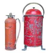TWO VINTAGE MID CENTURY CIRCA 1960S PAINTED METAL FIRE EXTINGUISHERS