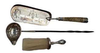 GEROEG III HALLMARKED SILVER TODDY LADLE & A SILVER HANDLED HAT BRUSH