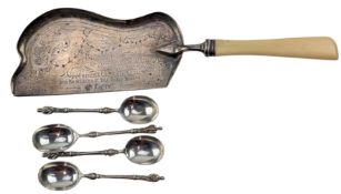 GEORGE V HALLMARKED SILVER CRUMB TRAY & FIVE SILVER APOSTLE TEASPOONS