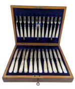 CASED 24PC EDWARD VII HALLMARKED SILVER & MOP FRUIT FORKS & KNIVES