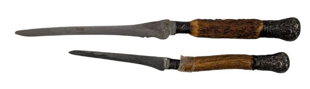 TWO VICTORIAN HALLMARKED SILVER MOUNTED & STAG HANDLED CARVING KNIVES