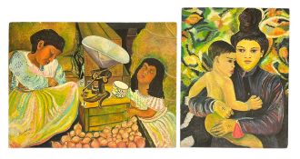 NANCY SANTER (1927-1984) - TWO UNTITLED OILS ON BOARD GENRE PAINTINGS