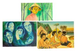 NANCY SANTER (1927-1984) - THREE UNTITLED GENRE OILS ON BOARD PAINTINGS