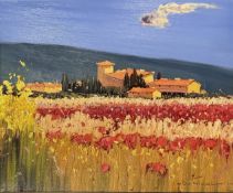 BRUNO TINUCCI (ITALIAN, B. 1947) - UNTITLED OIL ON CANVAS LANDSCAPE WITH POPPIES