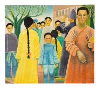 NANCY SANTER - 20TH CENTURY OIL ON BOARD PAINTING OF ASIAN PEOPLE