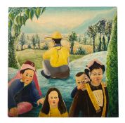 NANCY SANTER - 20TH CENTURY OIL ON BOARD LANDSCAPE WITH PEOPLE