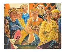 NANCY SANTER (1927-1984) - UNTITLED OIL ON BOARD PAINTING OF ASIAN PEOPLE