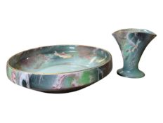 A. J. WILKINSON ORIFLAMME DESIGNED BY JOHN BUTLER - TWO MARBLE & FISH LUSTRE ITEMS (A/F)