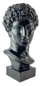 CONTEMPORARY RESIN BUST OF A GREEK MALE, FINISHED IN BLACK AND RAISED ON A PLINTH BASE