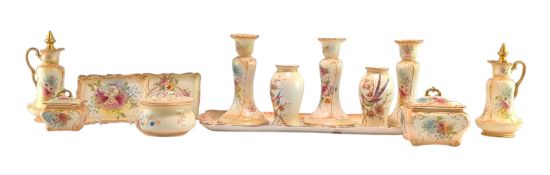 THIRTEEN EARLY 20TH CENTURY CROWN DUCAL IVORY BLUSH DRESSING TABLE ITEMS