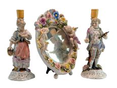 A 19TH CENTURY SITZENDORF STYLE CANDLESTICKS & STRUT MIRROR