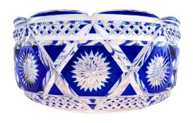 20TH CENTURY BOHEMIAN STYLE BLUE ON CLEAR OVERLAY GLASS CENTREPIECE FRUIT BOWL