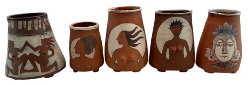 FIVE STUDIO ART POTTERY STAMPED DECORATIVE TERRACOTTA VASES