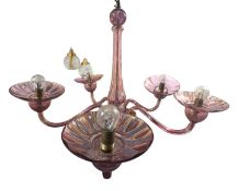VENETIAN MURANO INSPIRED EARLY 20TH CENTURY PINK GLASS FIVE-ARM CHANDELIER