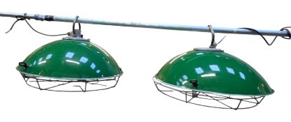 LARGE PAIR OF VINTAGE INDUSTRIAL GREEN ENAMEL CEILING LIGHTS