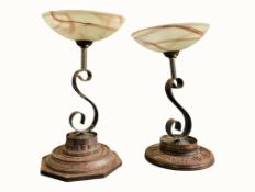 MATCHED PAIR OF ITALIAN CONTEMPORARY GLASS, METAL & WOODEN TABLE/FLOOR LAMPS