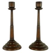 PAIR OF 1930S ART DECO SOLID OAK CANDLESTICKS
