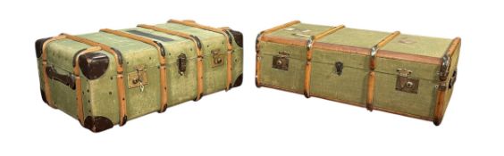 NEAR PAIR OF VINTAGE 20TH CENTURY GREEN CANVAS-LINED TRAVEL TRUNKS