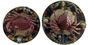 TWO PORTUGUESE PALISSY WARE HAND PAINTED CERAMIC CRAB CHARGERS