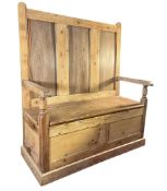 19TH CENTURY VICTORIAN WAXED PINE HALL SETTLE BENCH