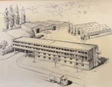 J. LONDON (BRITISH, 20TH CENTURY) - PEN AND INK DRAWING OF THE MORANS HQ