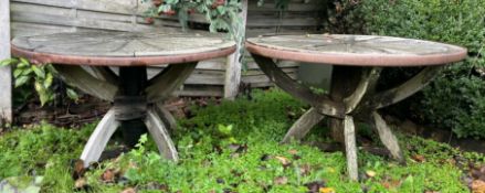 TWO WOODEN & IRON-BOUND CIRCULAR PUB GARDEN OUTDOOR TABLES