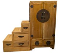 TWO CHINESE INSPIRED HARDWOOD & BRASS MOUNT CUPBOARD/TALLBOY & LADDER CHEST