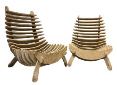 PAIR OF VINTAGE BESPOKE MADE FISH BONE LOW LOUNGE CHAIRS