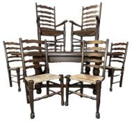 LARGE 18TH CENTURY REVIVAL OAK PLANK-TOP DINING TABLE AND CHAIRS