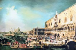 AFTER CANALETTO - LARGE FRAMED INTERIOR HAND EMBELLISHED PRINT ON CANVAS