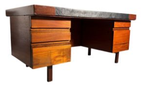 MID CENTURY DANISH TEAK & LEATHER PEDESTAL DESK
