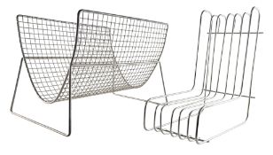 TWO RETRO 20TH CENTURY CIRCA 1980S CHROME METAL WIRE MAGAZINE & RECORD RACKS