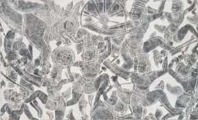 CAMBODIAN 20TH CENTURY TEMPLE RUBBING WALL DECORATIVE PANEL