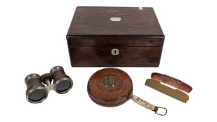 20TH CENTURY PAIR OF GOODWOOD BINOCULARS, GILT COMB, TAPE MEASURE & WOODEN BOX