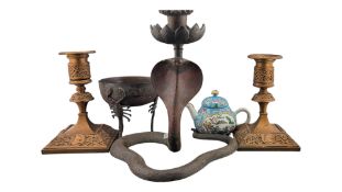20TH CENTURY BRASS CANDLESTICKS, A THREE LEGGED BOWL & A MINIATURE JAPANESE TEAPOT