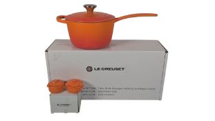 LE CREUSET - CONTEMPORARY CAST IRON SIZE 16 SAUCEPAN W/ SALT & PEPPER SHAKERS