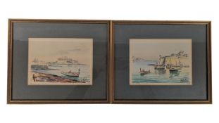TWO FRAMED MID 20TH CENTURY WATERCOLOURS BY E L GALIA