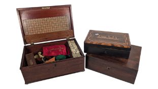 THREE EARLY 20TH CENTURY WOODEN JEWELLERY / SEWING BOXES