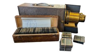 19TH CENTURY VICTORIAN MAGIC LANTERN SLIDE PROJECTOR WITH SLIDES