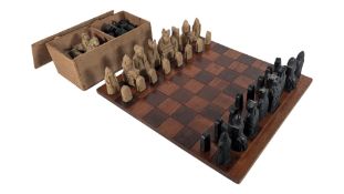 TWO 20TH CENTURY VINTAGE LEWIS CHESSMAN MANNER CHESS SETS WITH BOARD